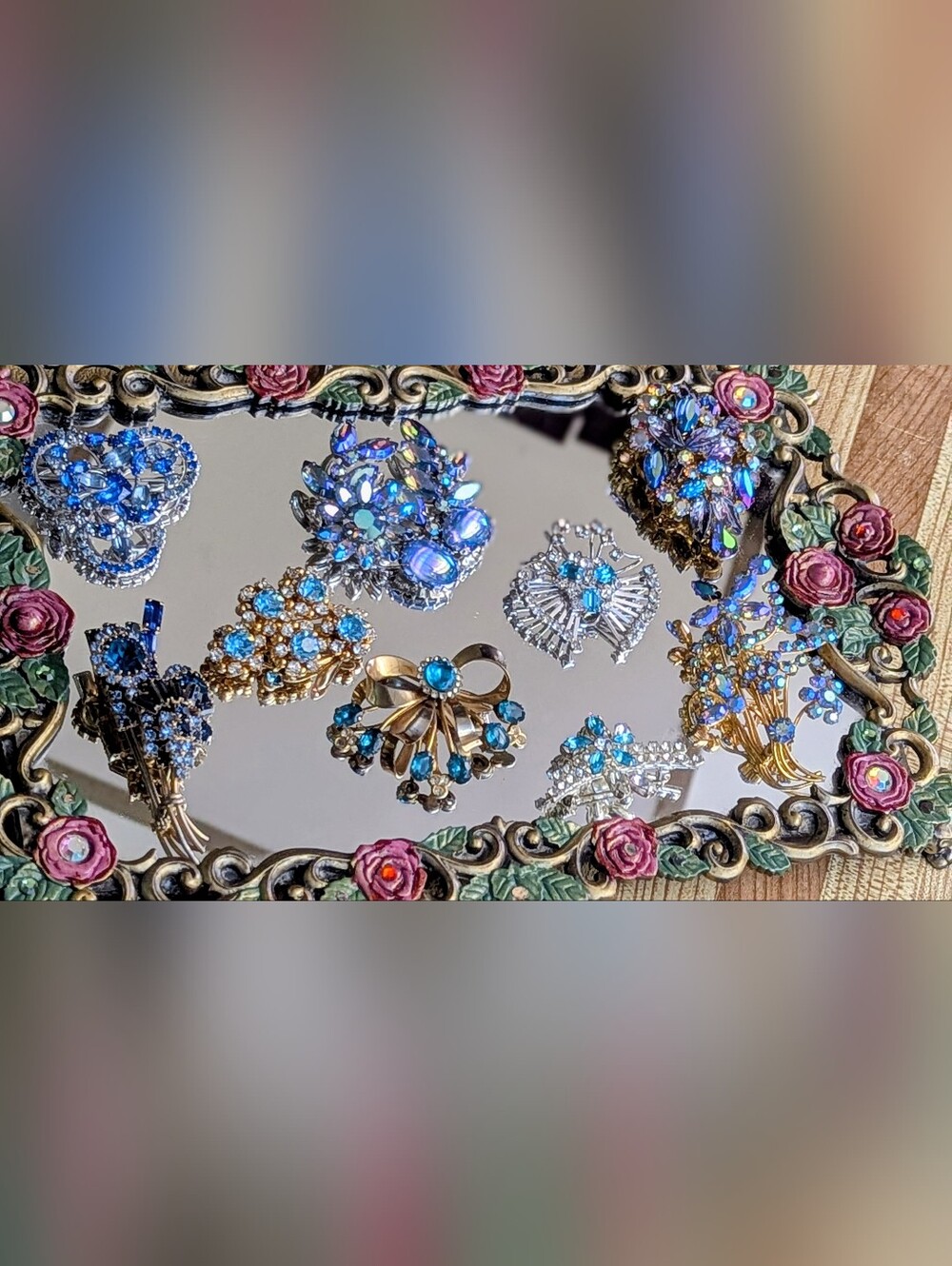 Vintage  Blue Crystal Floral Brooch Collection